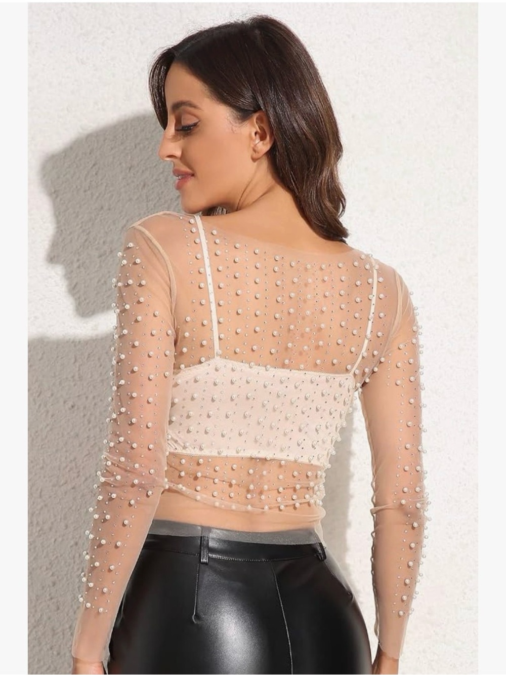 Amazon Nude Sheer Pearl-Embellished Long Sleeve Crop Top